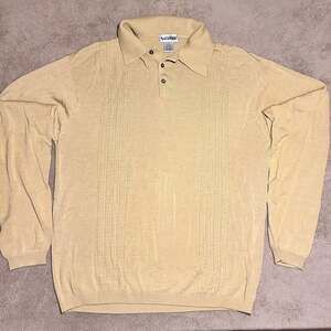 Vintage Visitor Men's Beige Long Sleeve Silk Blend Shirt L - 1/4 Button Knit Top